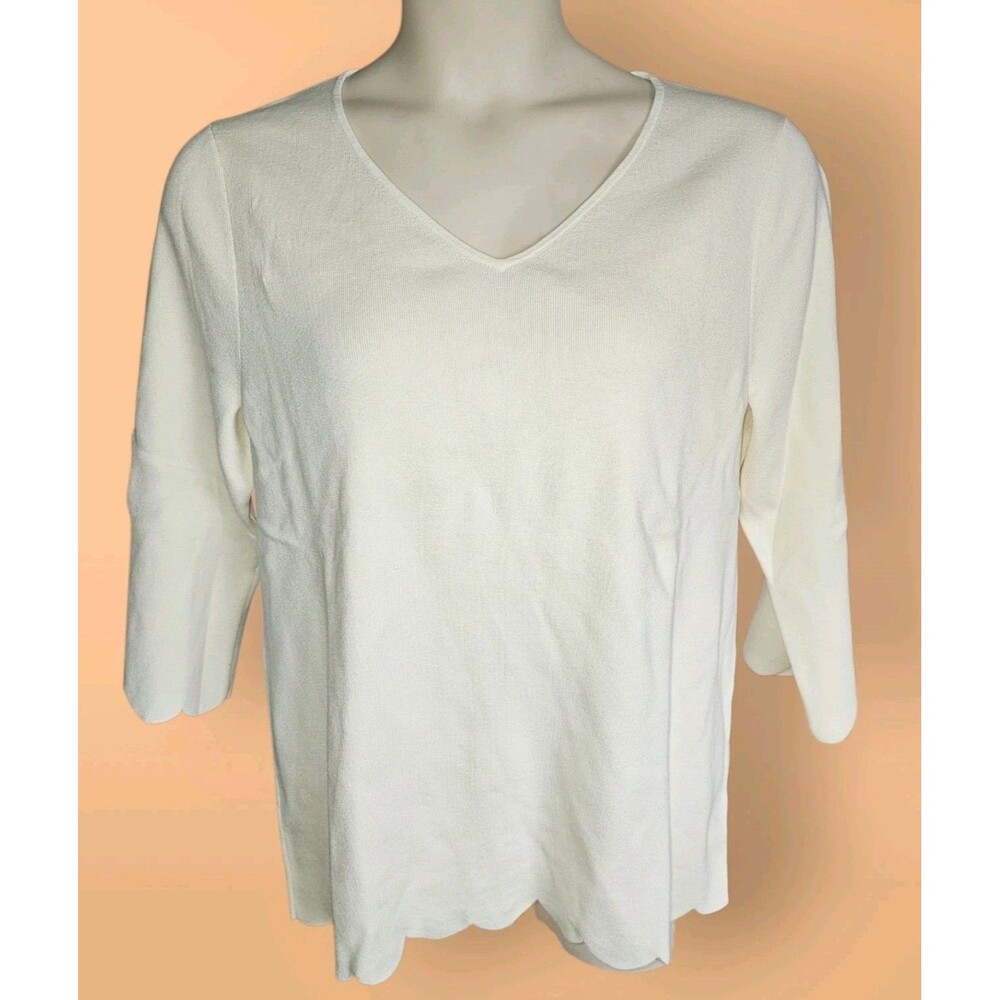 Talbots Ecru V-neck Scallop Hems Stretch Sweater Women Plus Sz 2X Excellent